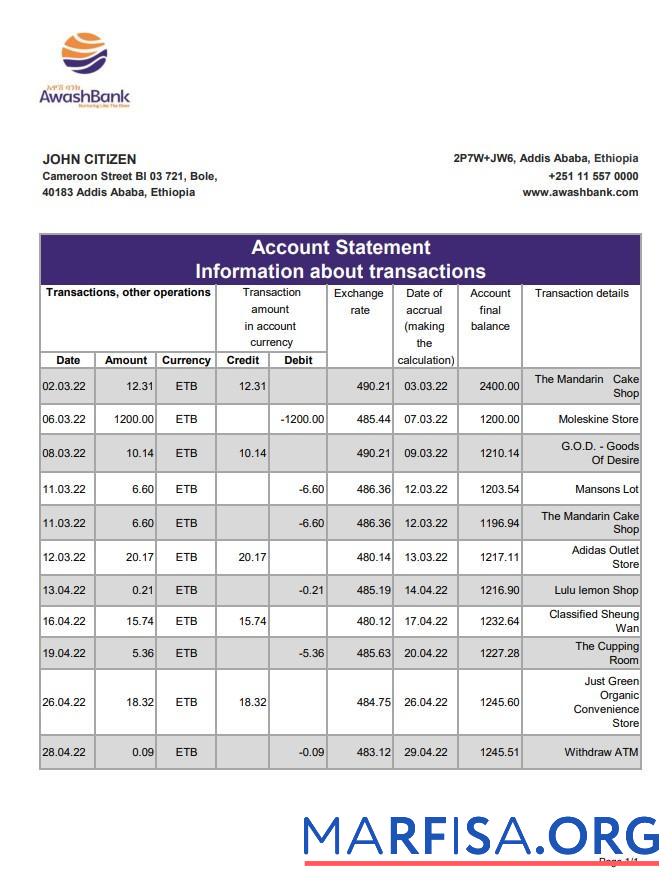 Blank Ethiopia Awash bank statement word real example
